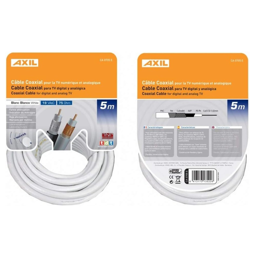 Cable coaxial 5 m, Sin Conectores, Blanco, 75 Ω